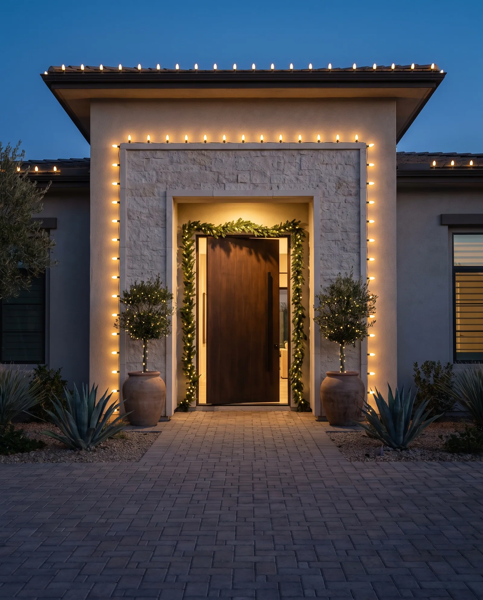 Limestone entry portal outlined in C9 bulbs, a wood door glowing behind garland with mini lights