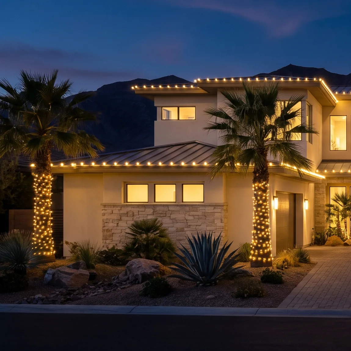 Palm trunk wrapped in warm white mini lights beside a C9-lit eave and stone wall at dusk