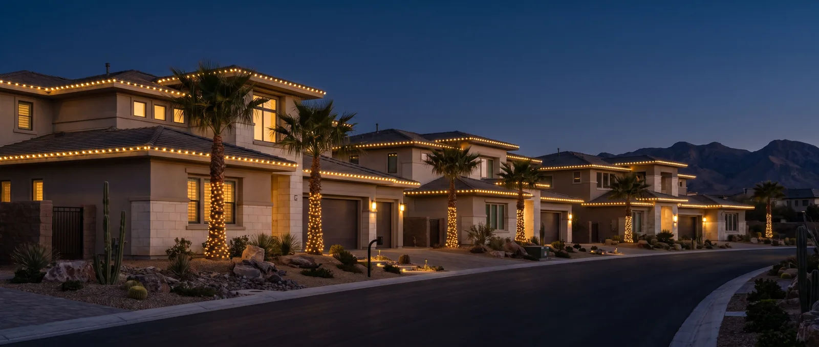 A quiet desert street at blue hour, three homes with C9 rooflines and wrapped palms, mountains behind